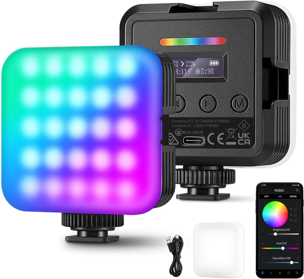 Neewer RGB62 LED video light with adjustable color options, control panel, USB charging cable, diffuser, and smartphone app for brightness and hue control.