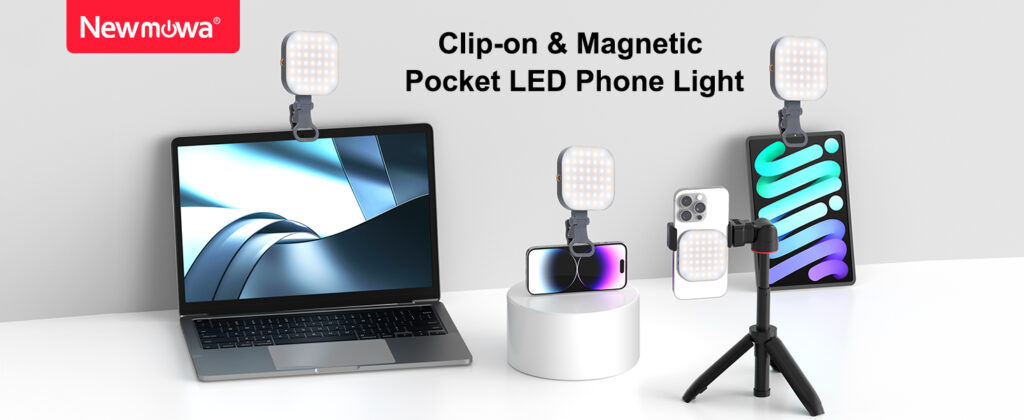 Newmowa clip-on and magnetic pocket LED phone light shown mounted on a laptop, smartphone, tablet, and tripod for versatile lighting
