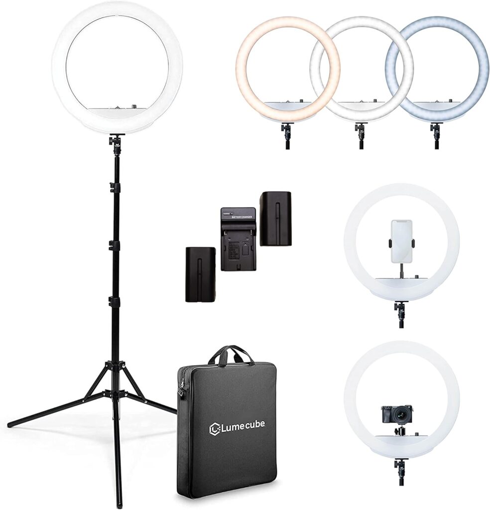 Lume Cube Ring Light Pro kit with adjustable stand, multiple color temperature options, rechargeable batteries, smartphone and camera mounts, and carrying case.