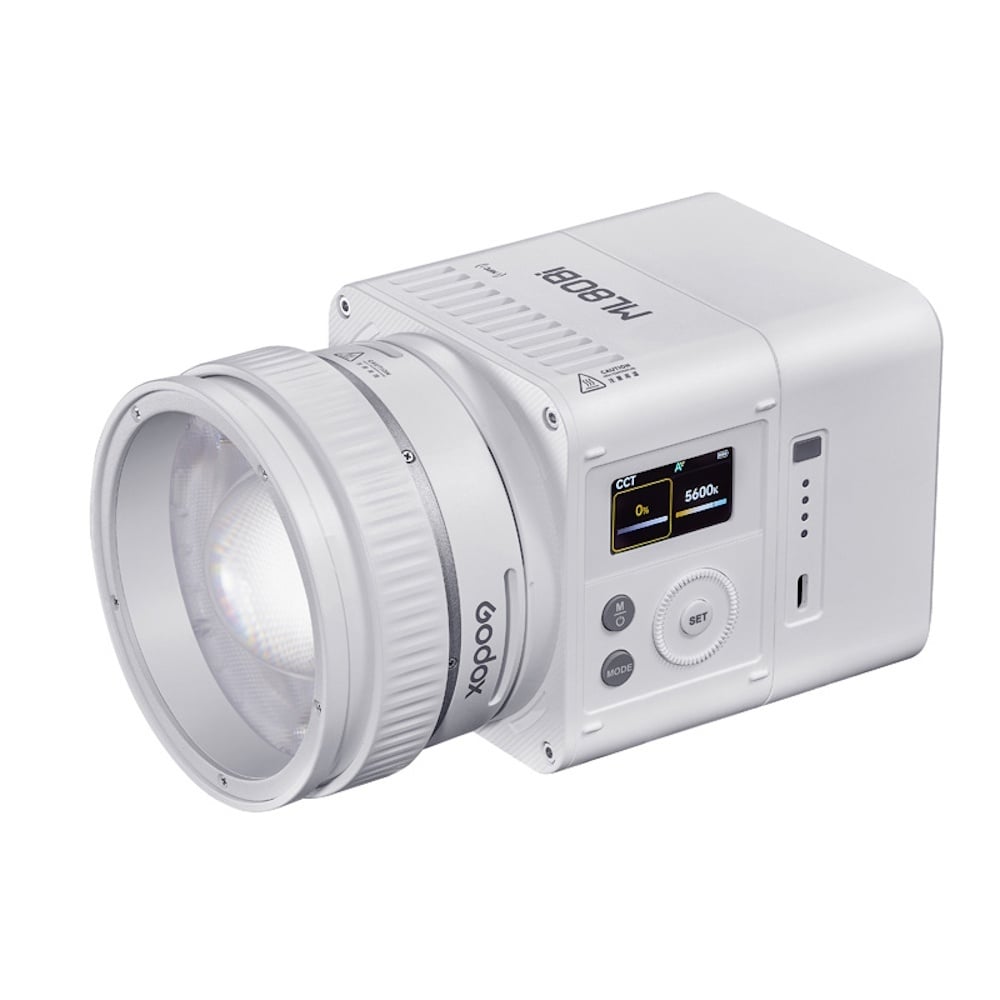 The compact, white Godox ML80Bi bi-color LED light with an attached lens reflector.