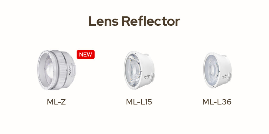 A lineup of three photography light modifiers: the new Godox ML-Z Zoom Lens Reflector, ML-L15, and ML-L36.