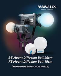 Product image showing the Nanlux BE Mount 20cm and FE Mount 15cm Diffusion Balls for video lights.