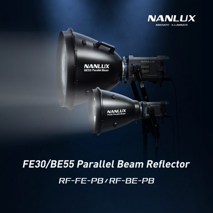 Nanlux FE30 and BE55 parallel beam reflectors with 8-degree graphic.