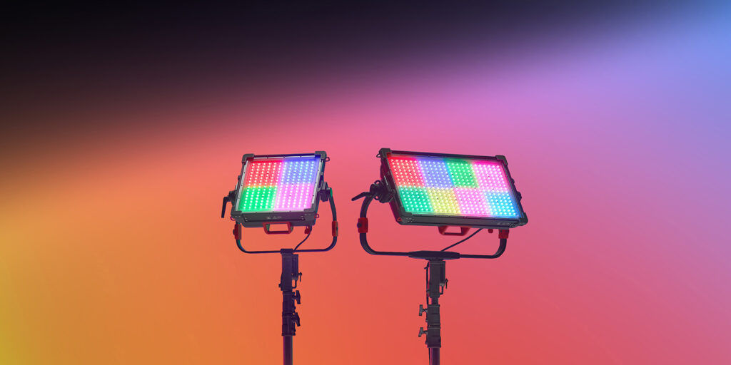 Godox P600R and P1200R Hard LED light panels with pixel-mapping capabilities, glowing with various colors like red, green, blue, and pink.