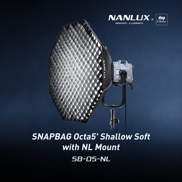 Nanlux x DoP Choice collaboration product shot of the SNAPBAG Octa 5-foot shallow softbox designed specifically for the Nanlux NL Mount system.
