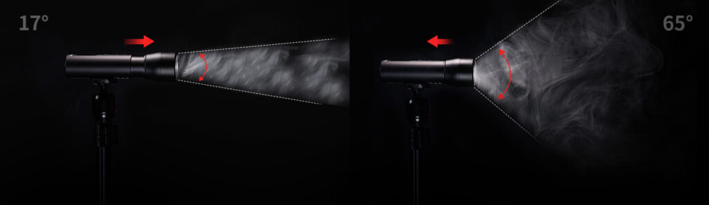 SmallRig RF 05B LED light demonstrating motorized zoom capabilities with adjustable beam angles from 17° to 65°.