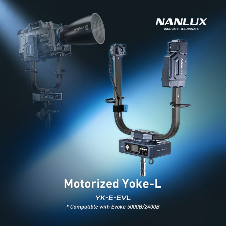 Nanlux Motorized Yoke-L (YK-E-EVL) for Evoke 2400B and 5000B LED lights, featuring a dual-arm design with an integrated control panel