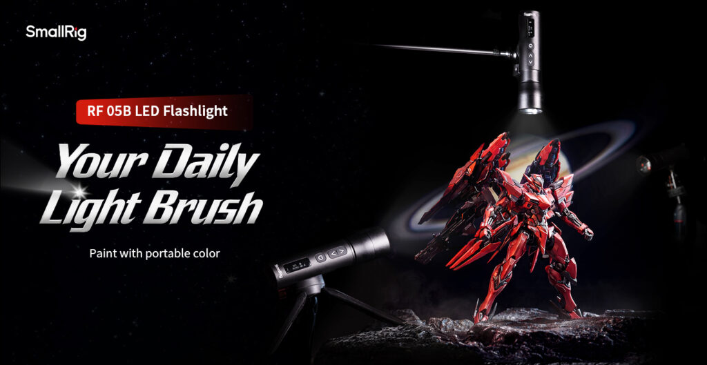 A SmallRig RF 05B LED flashlight illuminating a red robot figure