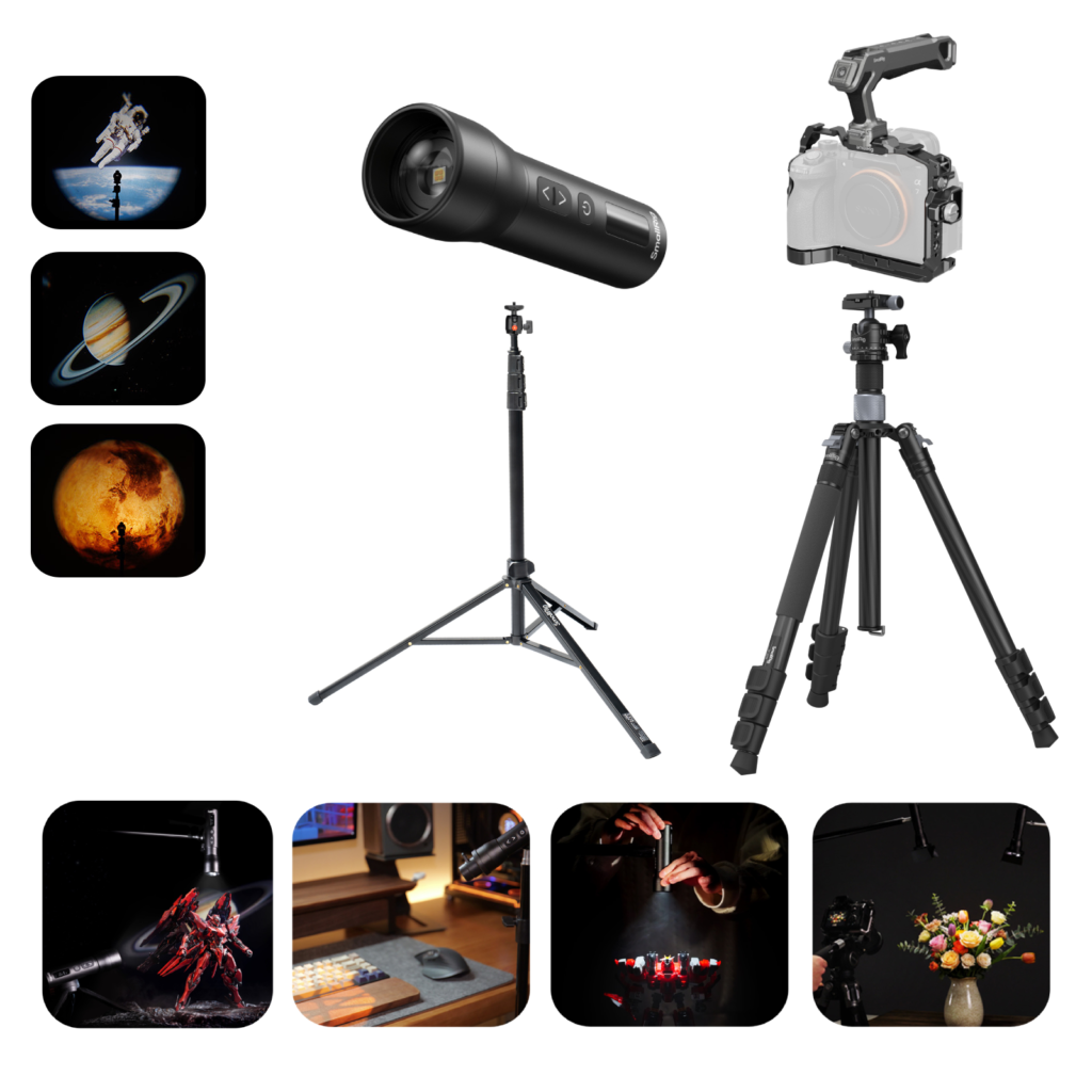 Versatile use cases for the SmallRig RF 05B LED light including product photography, interior ambient lighting, and high-contrast hobbyist shots