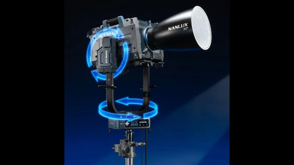 Nanlux YK-E-EVL Motorized Yoke showing the remote pan and tilt head compatible with Evoke 5000B and 2400B professional studio lights