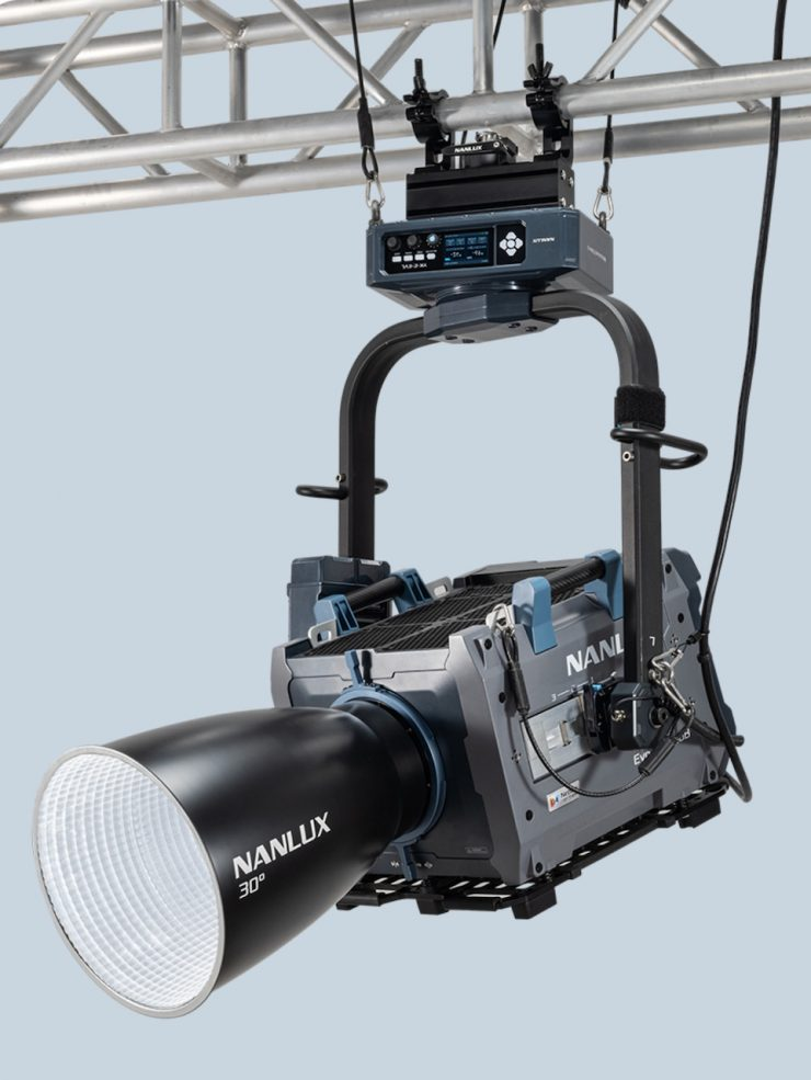 Nanlux Evoke 5000B LED light suspended from a lighting truss via the Motorized Yoke-L