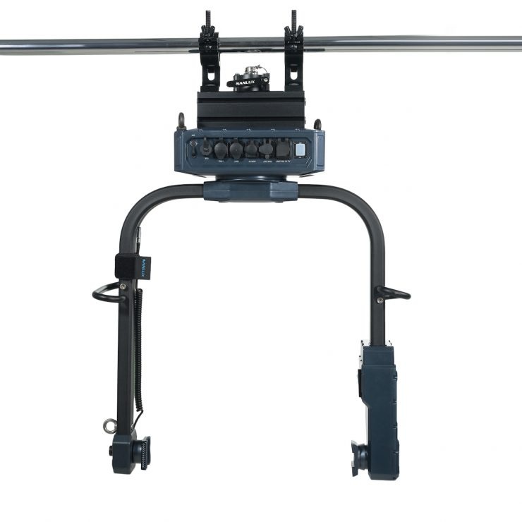 Front view of a Nanlux Motorized Yoke-L system mounted on a horizontal studio rail