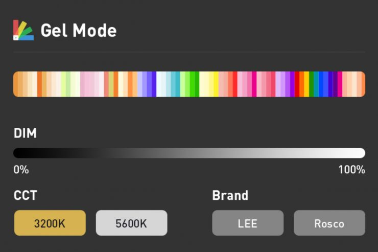 Nanlite PavoSlim 360C lighting console interface displaying Gel Mode settings