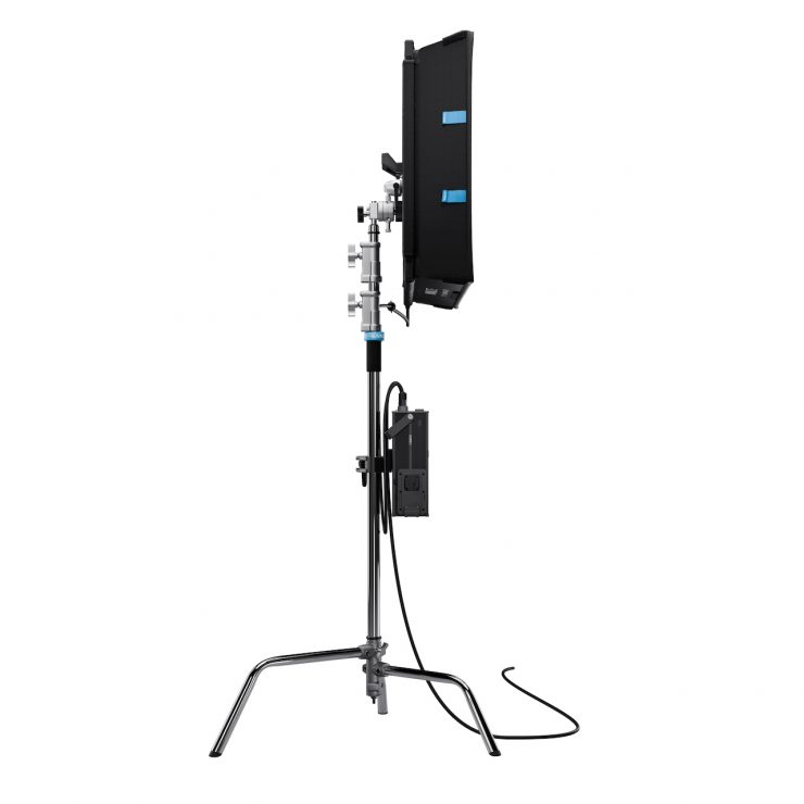 Nanlite PavoSlim 360C LED panel and power box mounted on a professional grip stand